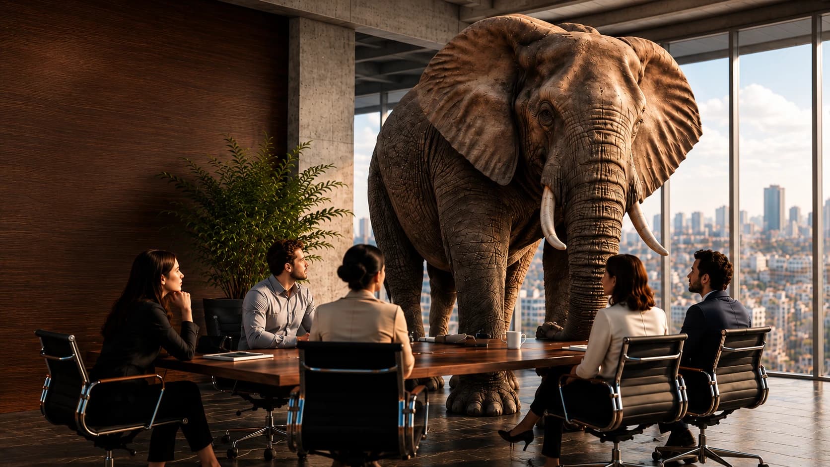 Una reunión de equipo con un elefante de pie junto a la mesa: la metáfora del elefante en la sala